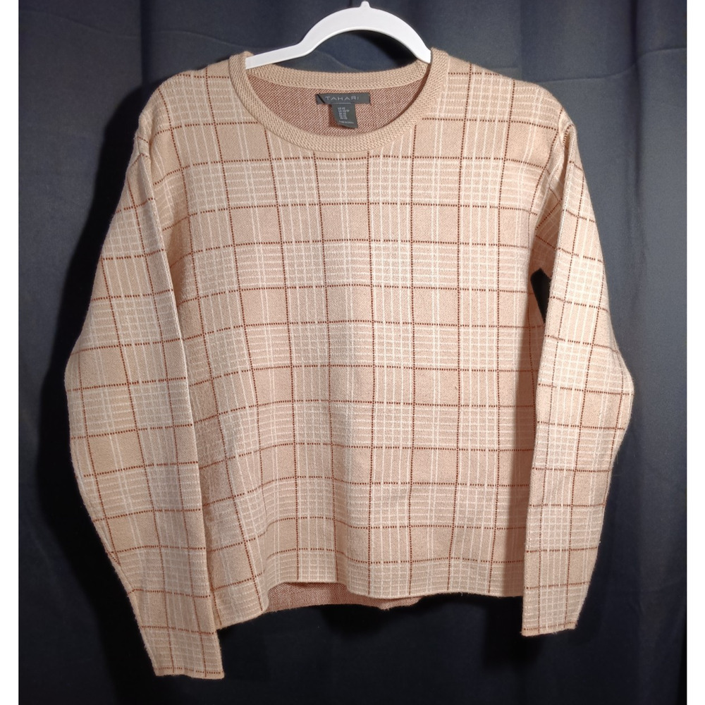 Tahari Windowpane Plaid Sweater Tan Brown Women XS Pullover Soft Knit Classic